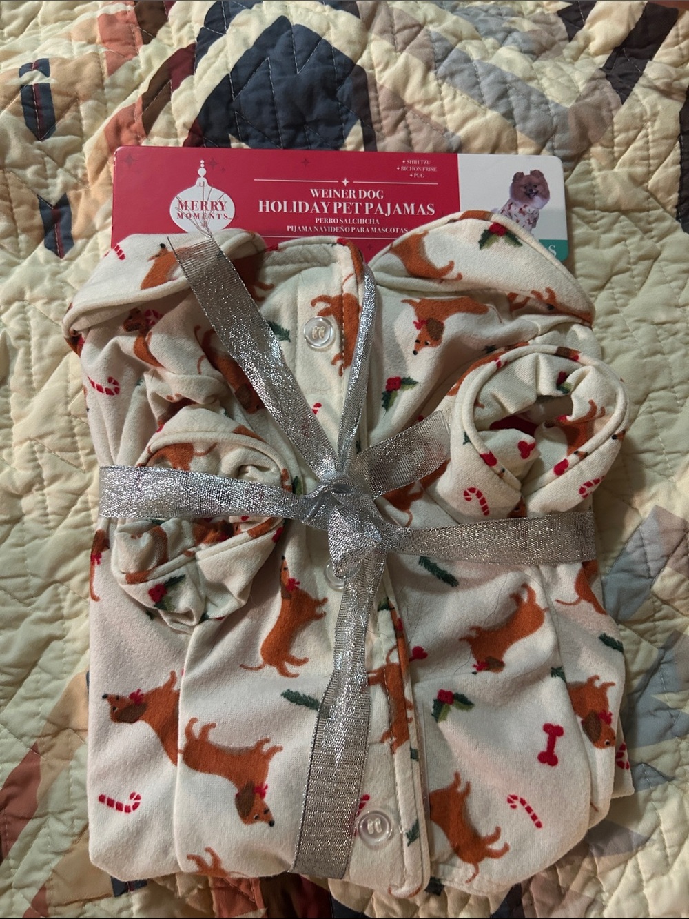 Holiday Wiener Dog Pet Pajamas - Cream with Brown Dachshund Print